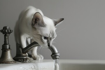 Feline hydrating itself by lapping water from a metallic faucet.