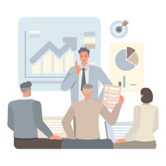 Business manager illustration concept. Business people working in office planning, thinking and economic analysis. Office man and woman character vector design. 