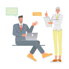Business meeting concept. Office man and woman character vector design. Business people working in office planning, thinking and economic analysis on isolated white background.