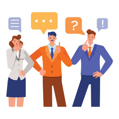 Business opinion illustration concept. Business people working in office planning, thinking and economic analysis. Office man and woman character vector design. 