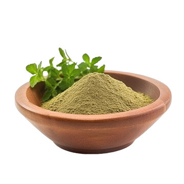 pile of finely dry organic fresh raw chickweed herb powder in wooden bowl png isolated on white background. bright colored of herbal, spice or seasoning recipes clipping path. selective focus