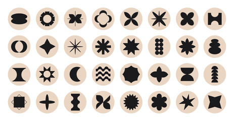 Big set of round geometric retro stickers. Trendy y2k brutal contemporary icons. Various geometric figures.