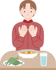 muslim cartoon character praying before a meal