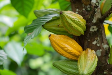 Cocoa pods grow on the Theobroma cacao tree