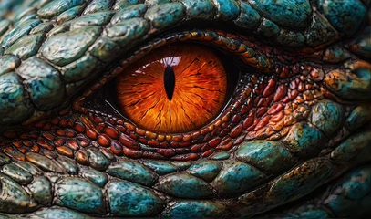 Foto op Aluminium Close-up of Vibrant Dragon Eye. Detailed macro shot of a colorful dragon's eye, capturing the intricate textures and vivid colors © Xabi