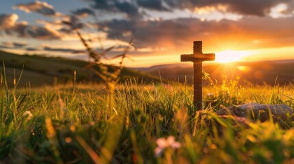 Cross in Field at Sunset, Symbol of Peace and Serenity in Natur - obrazy, fototapety, plakaty