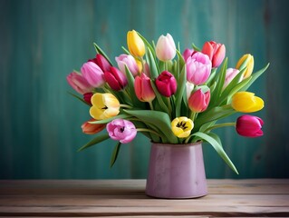 Colorful tulips sitting on wooden table with green background