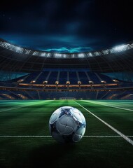 soccer ball on the stadium grass with a magnificent stadium background