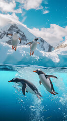 penguin jumping and playing in the sea at north pole