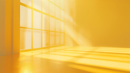 Warm yellow sunlight streaming through a large window, casting bright rays and shadows across a smooth yellow floor in an empty room.
