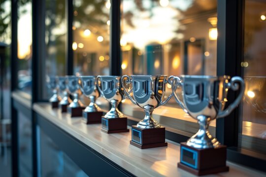 9 silver cup trophies displayed on window - Powered by Adobe