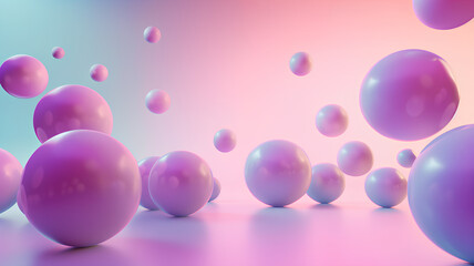 A 3D illustration of reflective purple bubbles with a soft pink to blue gradient background, creating a dreamy atmosphere.
