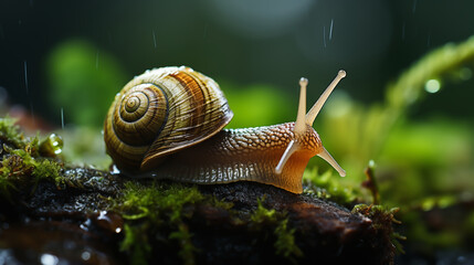 Snail in the green forest, Macro picture of a snail climbing on beautiful green Moss in the rain forest, A close up of slow-moving snail with a brown shell crawls on a leaf - obrazy, fototapety, plakaty