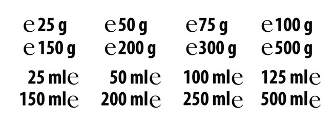 Estimated e sign (e-mark) with correct dimensions as per EU Directive 71/316. Versions with commonly used weights and volumes for food and cosmetics label.
