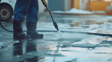Close up of worker cleaning driveway with gasoline high pressure washer .High pressure deep cleaning. Professional cleaning services. - obrazy, fototapety, plakaty