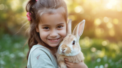 Happy little girl is holding a little rabbit bunny on blurred outdoor spring field, copy space, concept of furry friends, spring, Easter Day.