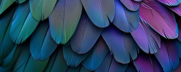 Close up of beautiful bird feathers of Blue and Purple, exotic natural textured background in different blue colors and green, Brazil - obrazy, fototapety, plakaty
