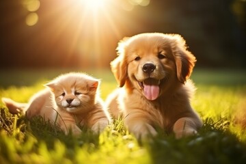 Joyful and affectionate dog and cat playing together in heartwarming display of pet companionship - obrazy, fototapety, plakaty