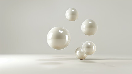 A selection of textured spheres in neutral tones floating against a clean beige backdrop, evoking a sense of calm and modernity.
