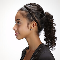 Young beautiful woman with nice braid hairstyle on light background - side view of 25 years old...