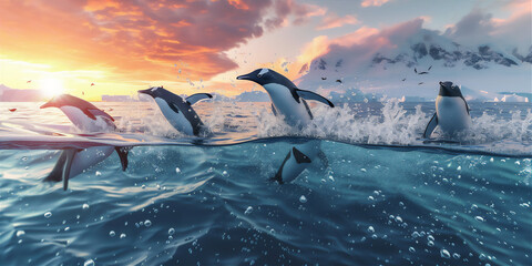 penguin jumping and playing in the sea at north pole - obrazy, fototapety, plakaty