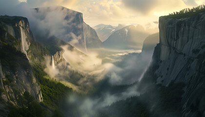 Morning light pierces through the mist in a majestic valley, illuminating the rugged cliffs and...