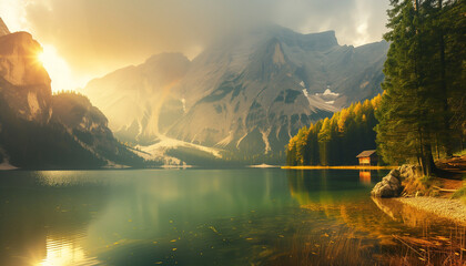 The warm golden rays of the sunrise gently illuminate the autumn-colored trees and the peaceful alpine lake, highlighting a solitary cabin on its shore