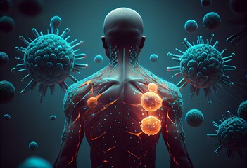 3D medical background with male figure with virus cells. Generative AI