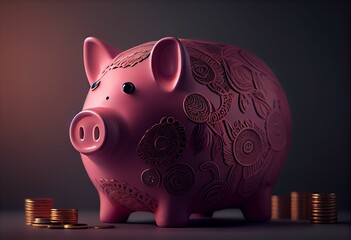 Pink piggy bank money box with gold coins. Business, finance concept. Generative AI, illustration