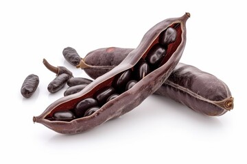 Carob pods and beans isolated on white background in sharp focus - obrazy, fototapety, plakaty