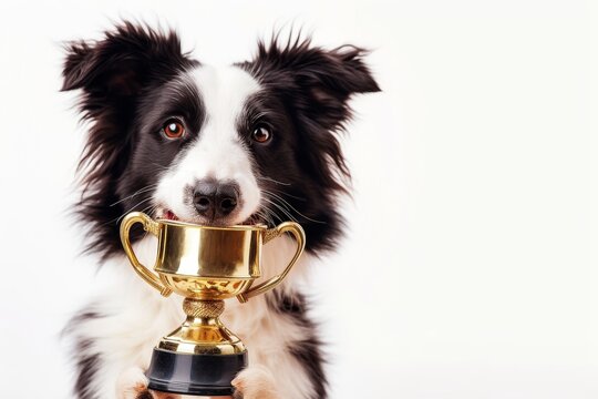 Border collie puppy dog with gold champion trophy in mouth on white background Funny dog winner champion Success concept