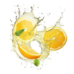 realistic fresh ripe yuzu with slices falling inside swirl fluid gestures of milk or yoghurt juice splash png isolated on a white background with clipping path. selective focus