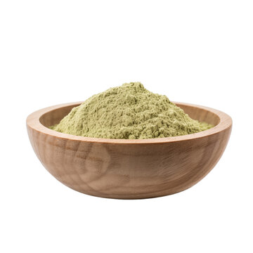 pile of finely dry organic fresh raw alfalfa powder in wooden bowl png isolated on white background. bright colored of herbal, spice or seasoning recipes clipping path. selective focus