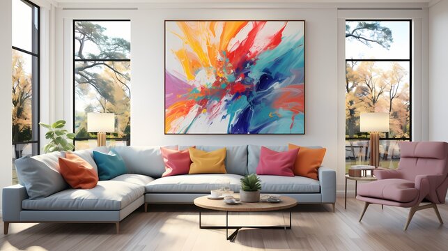 A surreal, abstract painting featuring bold strokes of vibrant colors against a pure white canvas