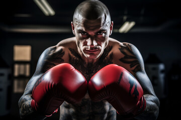 Fototapeta na wymiar Intense Tattooed Boxer Ready to Fight in a Boxing Ring. Determination and Combat Sports Concept