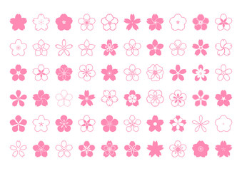 桜の花 アイコン素材 ピンク色の桜の花びらのイラストセット 60種類の花のイラスト マーク素材 バリエーション