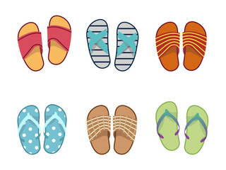 Vector summer slippers set, flat design. Vietnamese flip flops on white background. Vietnamese slates shoes for beach. Flip flops summer shoes illustration, view from above.
