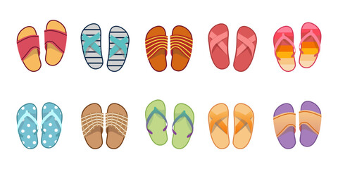 Vector summer slippers set, flat design. Vietnamese flip flops on white background. Vietnamese slates shoes for beach. Flip flops summer shoes illustration, view from above. - obrazy, fototapety, plakaty