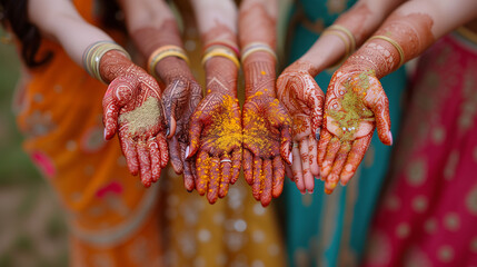 Bride and her bridesmaids showing off hand henna tattoo art. Mehndi on hands for the wedding celebration. - obrazy, fototapety, plakaty