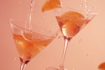 glasses of martini with peaches stand on a pink color  background with champagne pouring from above, minimalism, copy space