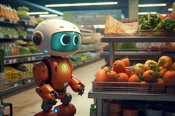 Super cute Robot in the supermarket buying vegetables, Delivery concept, Ai generated - obrazy, fototapety, plakaty