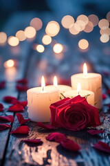Intimate Valentine's Day Ambiance with Red Rose and Candles.