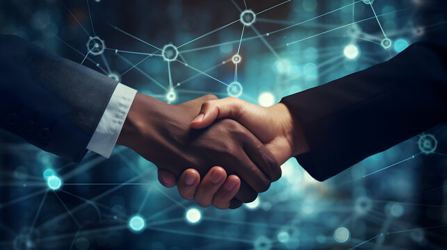 A handshake between two business individuals is depicted with a backdrop of financial,,
Investor Business Handshake Double Exposure