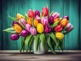 Colorful tulips sitting on wooden table with green background