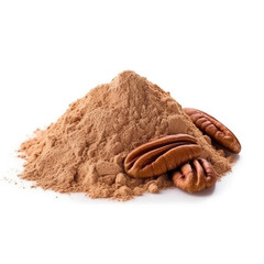 close up pile of finely dry organic fresh raw pecan flour powder isolated on white background. bright colored heaps of herbal, spice or seasoning recipes clipping path. selective focus - obrazy, fototapety, plakaty