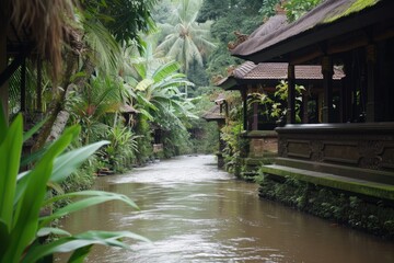 The luxury hotel suites offer a small river surrounded by bright green foliage, creating a tranquil atmosphere.