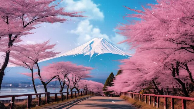 viewed from rural prefecture. beautiful nature background with volcanic mountain and cherry blossom. seamless looping overlay 4k virtual video animation background 