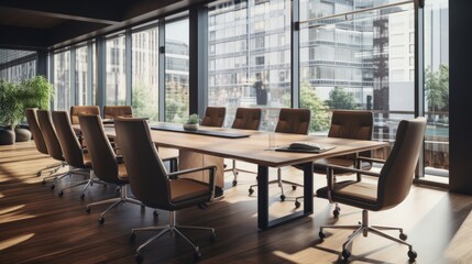 A boardroom with a long table and ergonomic chairs