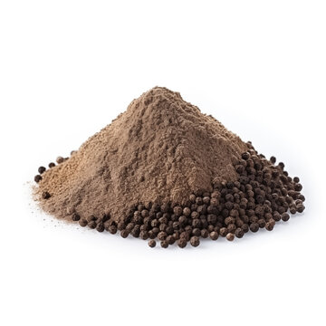 close up pile of finely dry organic fresh raw peppercorn powder isolated on white background. bright colored heaps of herbal, spice or seasoning recipes clipping path. selective focus