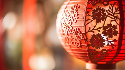 A close up of a red paper lantern with intricate patterns